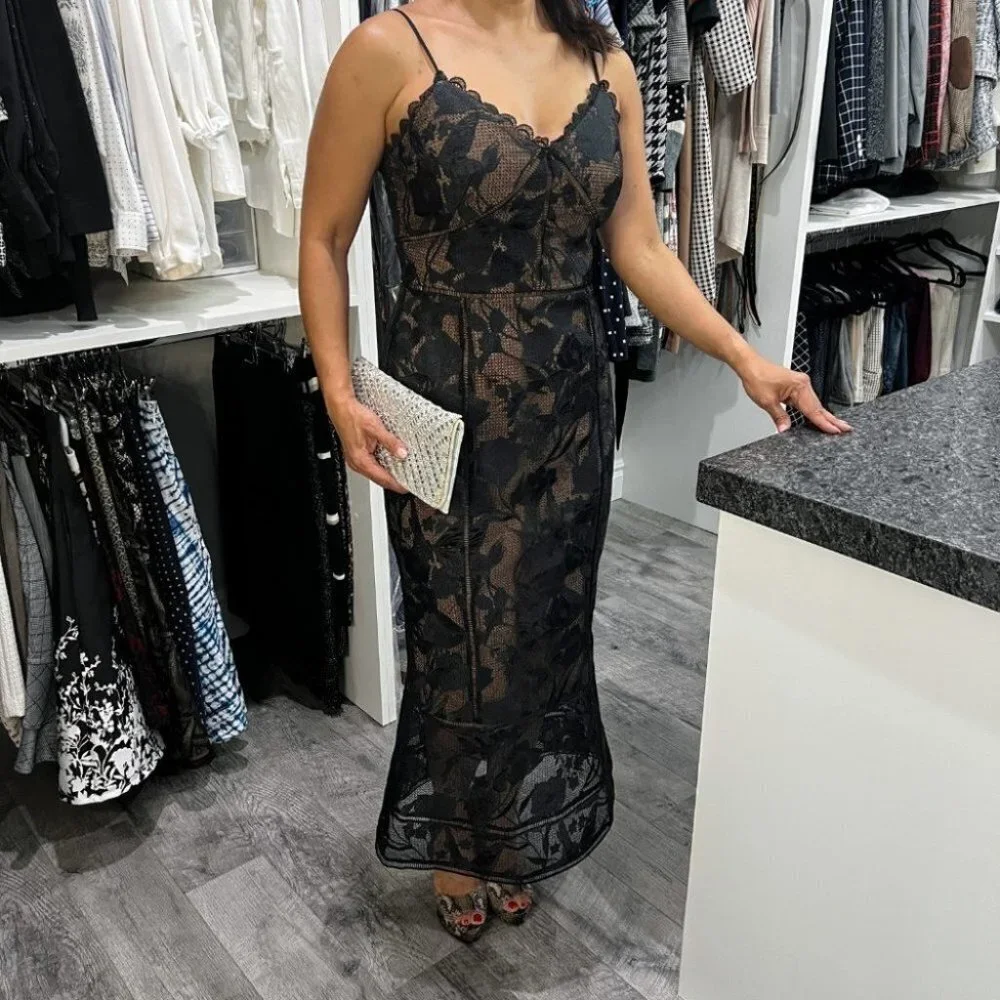 Marchesa Notte Black Guipure Lace Trumpet Midi Dress $895 - Picture 12 of 14